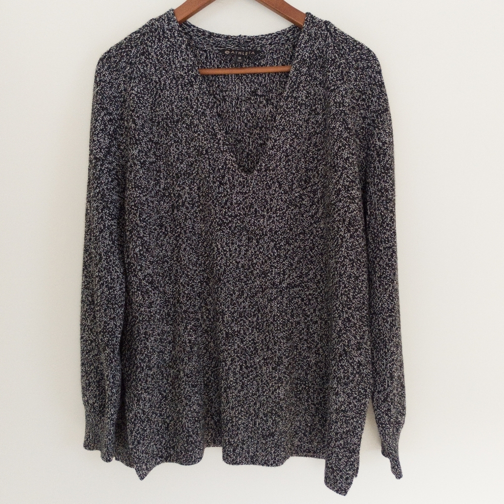 ATHLETA Hanover V-Neck Knit Sweater Charcoal Black Marl Extra Fine Merino Medium